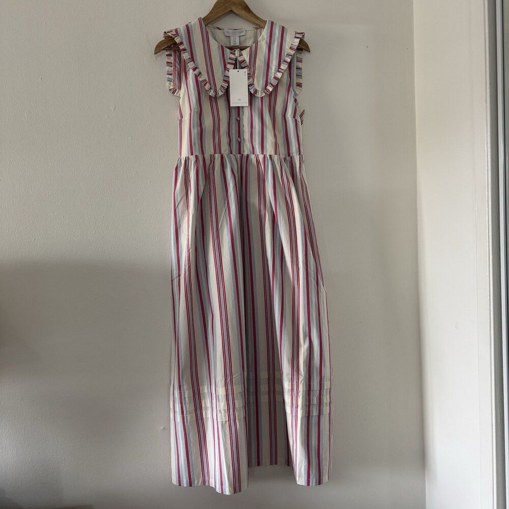 Caroline Constas Pink and White Striped Ruffle-Collar Midi Dress
